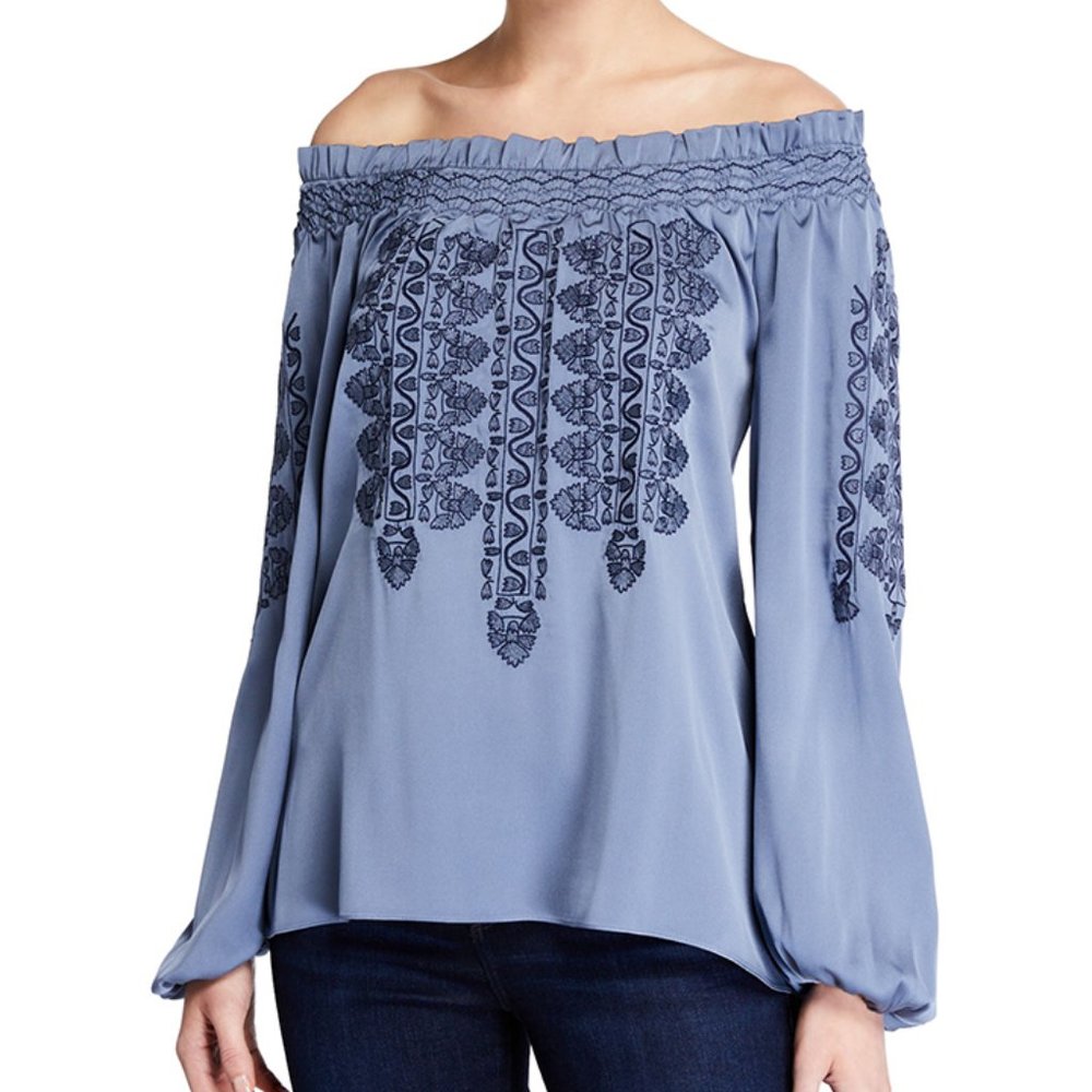Kobi Halperin Off-Shoulder Embroidery Silk Blouse